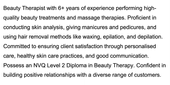 A beauty therapist CV's personal profile with five sentences describing the applicant's relevant skills and experience