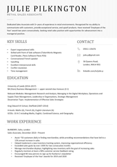 A CV layout with extra large section headings for its skills, contact, education, and work experience sections