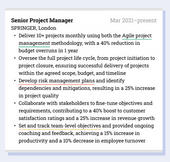 A sample work experience entry for a project manager CV with relevant skills underlined in green, red, and orange.