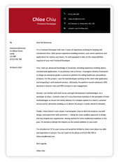 A red and black cover letter for a technical role that thoroughly describes the applicants qualifying attributes.