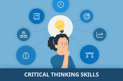 A woman with a lightbulb shining above her head to show she's thinking deeply about nine different critical thinking skills
