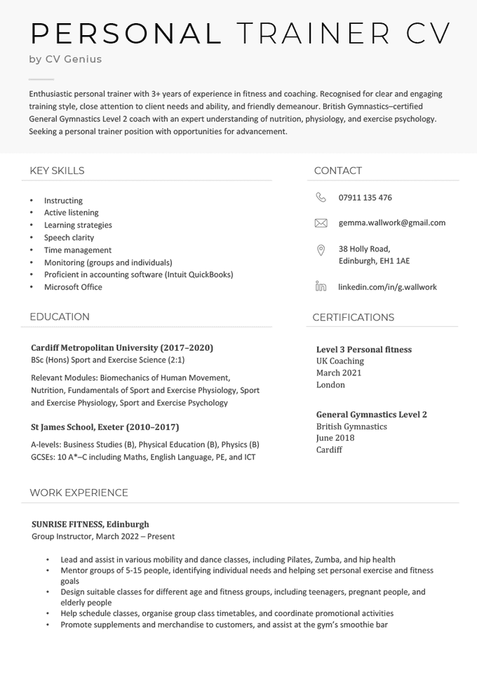 personal trainer example CV with modern black header, work experience, education, and skills