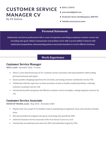 The first page of a purple customer service CV with the applicants personal statement against a purple backdrop, as well as two work experience entries