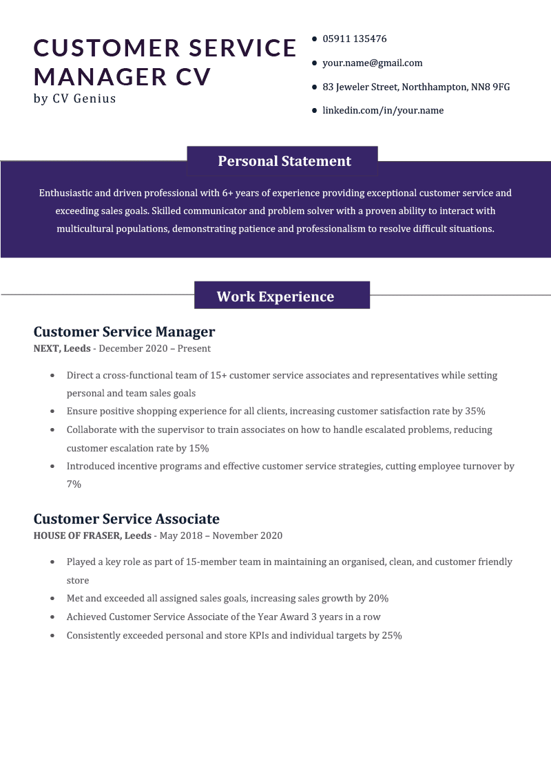 The first page of a purple customer service CV with the applicants personal statement against a purple backdrop, as well as two work experience entries