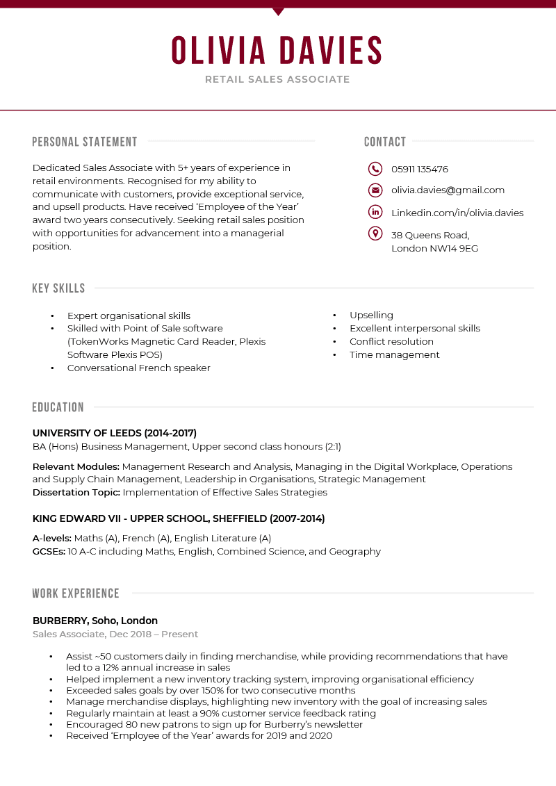 The Bold CV Template in burgundy