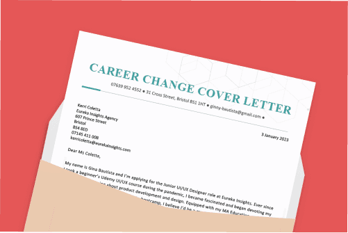 A career change cover letter in an envelope with some green leaves on the left and a pencil on the right