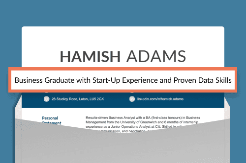 A CV header that has been partially pulled out of an envelope, revealing its title and CV headline.