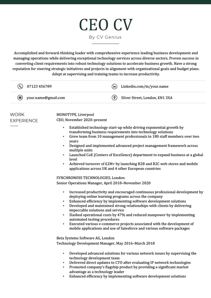 A CEO CV example with dark green header font and sections for the applicants personal statement, contact information, and work experience.