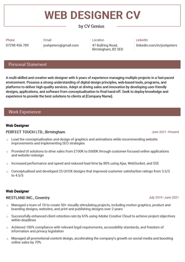 The first page of a web designer CV example with maroon headers and showing sections for the applicant's contact information, personal statement, and work experience
