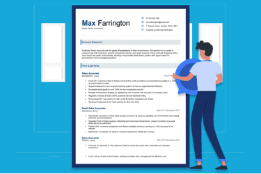 An animated person carrying a large location icon toward a CV, illustrating the 'address on CV' concept. The colour scheme features various shades of blue.