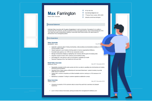 An animated person carrying a large location icon toward a CV, illustrating the 'address on CV' concept. The colour scheme features various shades of blue.