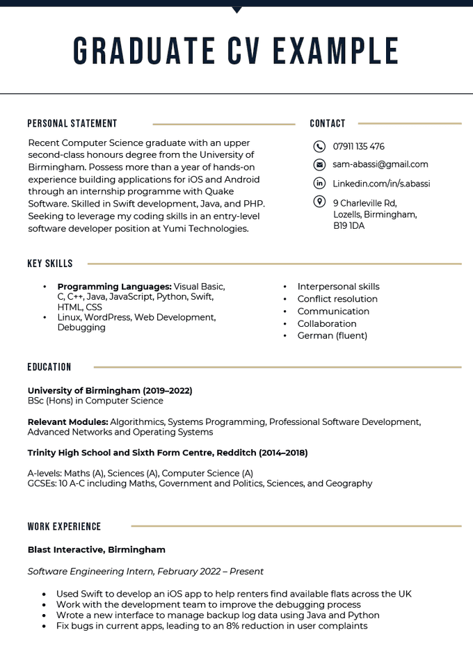 An example of the first page of a graduate CV with a bold header and sections for the applicant's personal statement, contact information, key skills, education, and work experience