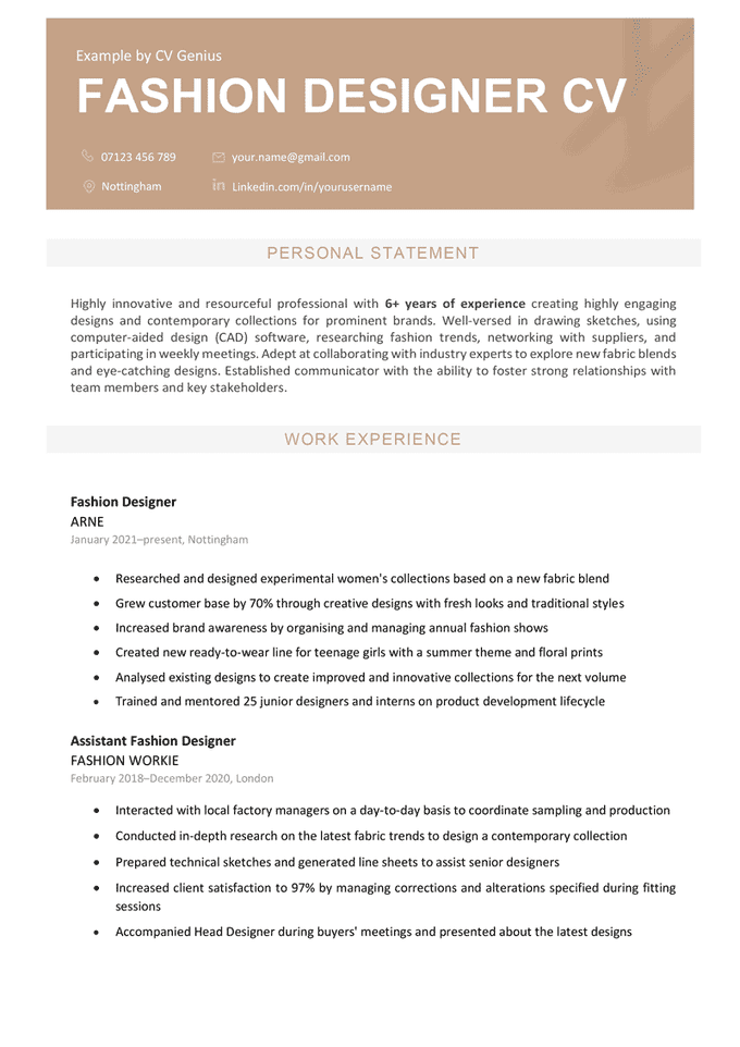 The first page of a fashion designer with a brown header for the applicant's contact information, a personal statement, and a work experience section