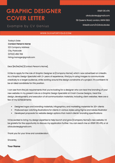 A graphic design resume example on a custom template with a black and orange header to accentuate the applicant's name and contact details