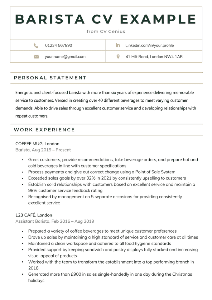Example of a barista CV.