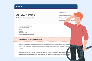 An image of a cover letter with the 'To Whom It May Concern' Salutation highlighted, and a cartoon character holding a magnifying glass to illustrate searching for alternative greetings