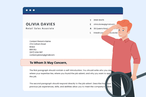 An image of a cover letter with the 'To Whom It May Concern' Salutation highlighted, and a cartoon character holding a magnifying glass to illustrate searching for alternative greetings