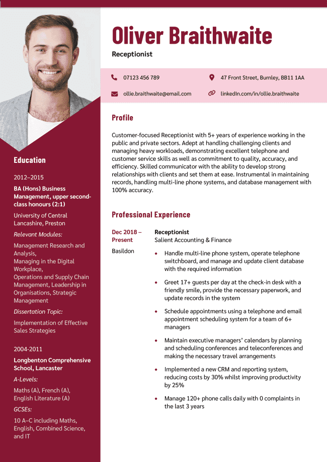 Burgundy version of the Snowdonia CV template