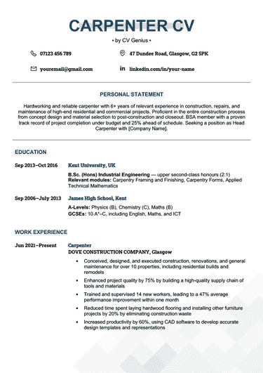 The first page of a carpenter CV example with a blue header showcasing the applicant's name with a gray header behind it, followed by blue headers introducing the personal statement, education, work experience, skills, and hobbies and interest sections