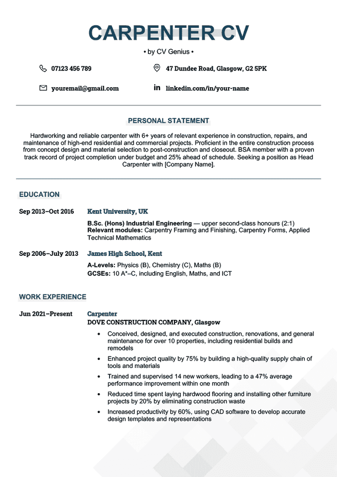 The first page of a carpenter CV example with a blue header showcasing the applicant's name with a gray header behind it, followed by blue headers introducing the personal statement, education, work experience, skills, and hobbies and interest sections