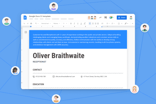 A Google Docs CV template with an applicant's name, personal statement, and contact information visible on the page.