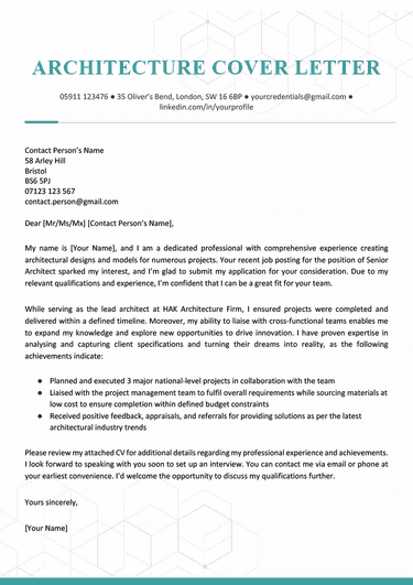 An architecture cover letter example with a green header and subtle geometric design in the background