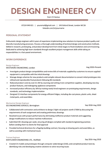 The first page of a single-column, maroon-accented design engineer CV with the applicant's contact information, personal statement, and work experience
