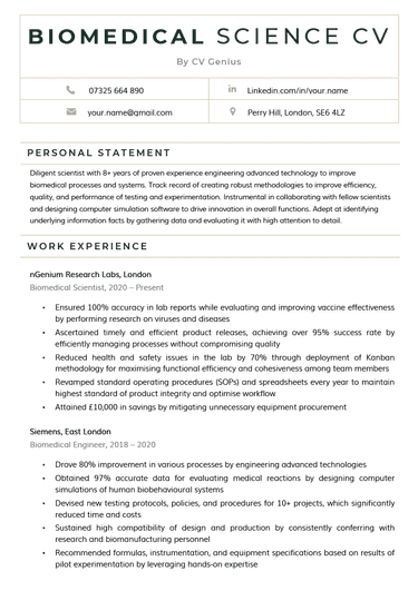 A green biomedical science CV with a wide header with space for the candidate's name and contact information