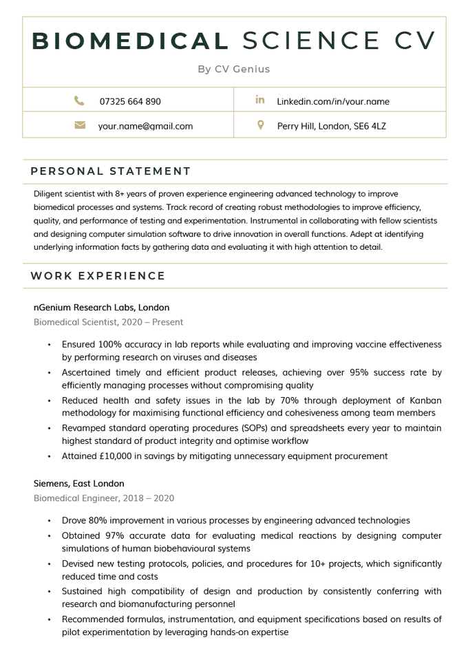 A green biomedical science CV with a wide header with space for the candidate's name and contact information