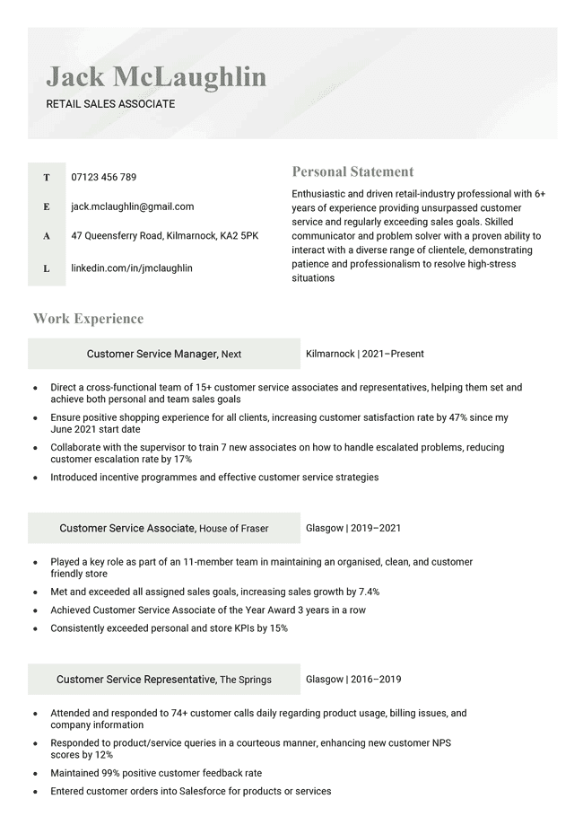 The Manx CV template with a green colour scheme. The header has a diagonal grey gradient, the contact information and personal statement are side by side below the header, and the work experience section, featuring green headings, is left-aligned at the bottom.