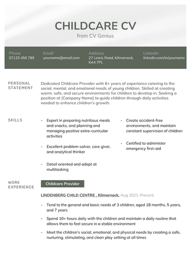 The first page of a childcare CV example with muted green headers to accentuate the applicant's name and each of their CV's sections