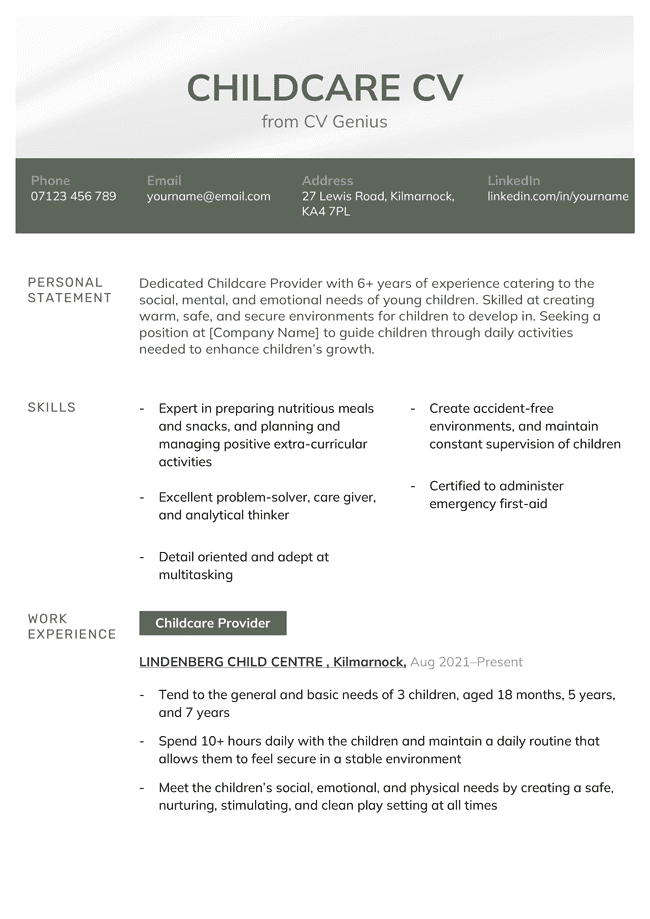 The first page of a childcare CV example with muted green headers to accentuate the applicant's name and each of their CV's sections