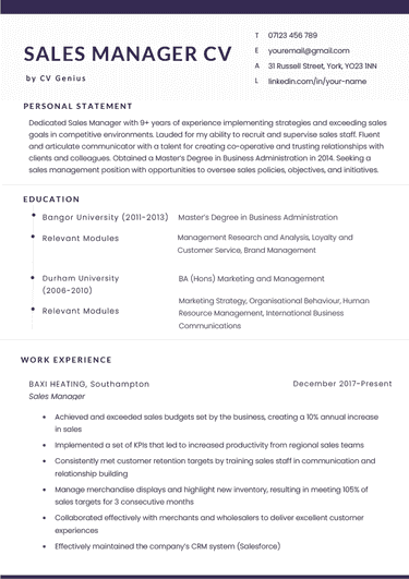The first page of a sales manager CV example on a template with a purple header and bullet points to highlight the applicant's education section