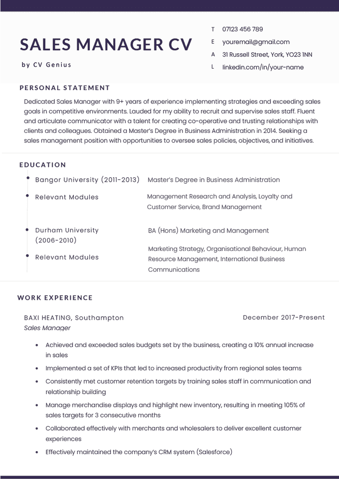 The first page of a sales manager CV example on a template with a purple header and bullet points to highlight the applicant's education section