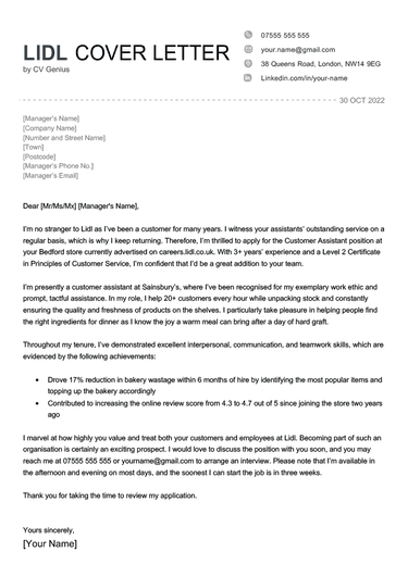 An example cover letter for Lidl