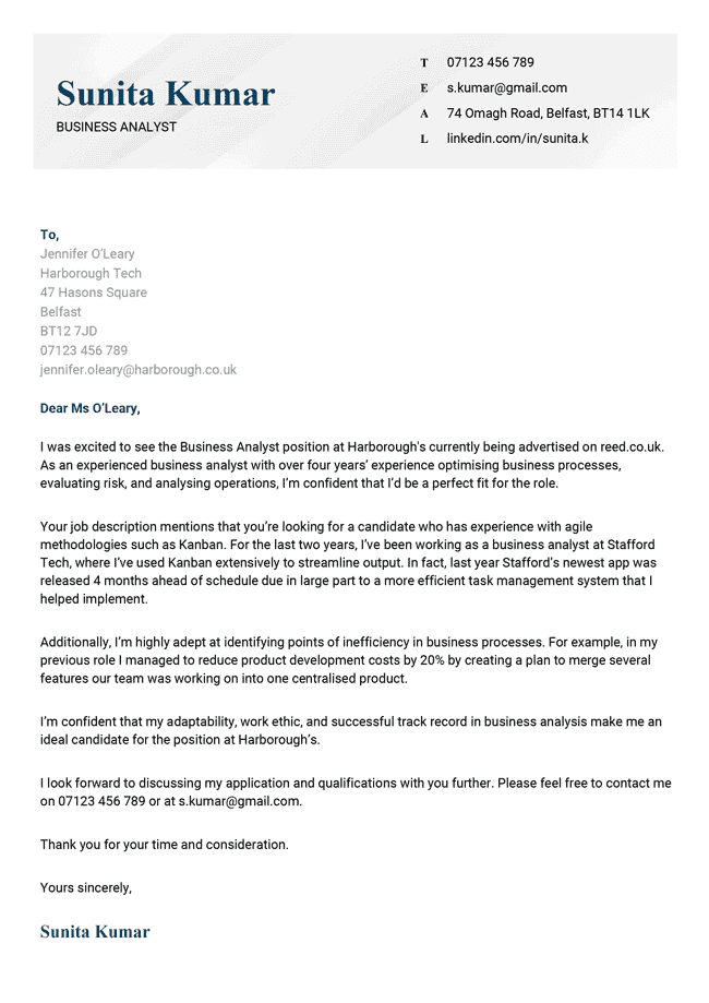 basic cover letter template, blue left-aligned name in the header with a gray background, recipient's contact details are also grayed out, paragraph text is bolded