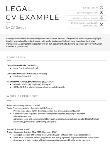 A legal CV example with the applicant's name and job title aligned on the right and their contact details aligned on the left of their CV header