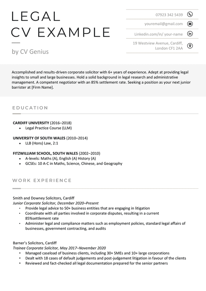 A legal CV example with the applicant's name and job title aligned on the right and their contact details aligned on the left of their CV header
