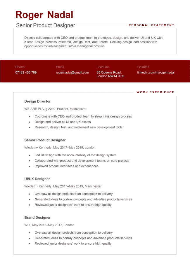 Maroon version of the Mercia CV template