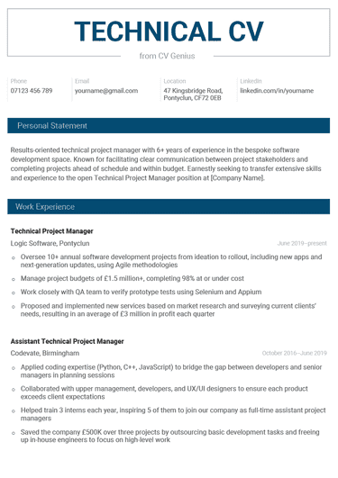The first page of a technical CV example with blue header text in all capital letters outlined by a gray rectangle followed by the applicant's contact information, and personal statement and work experience sections labelled with white text on blue bars