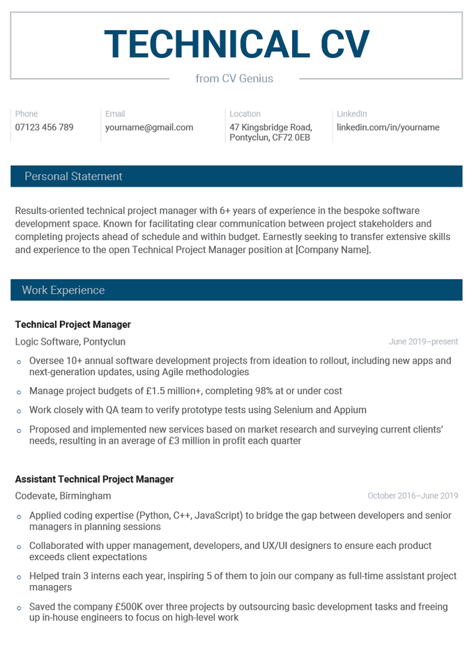 The first page of a technical CV example with blue header text in all capital letters outlined by a gray rectangle followed by the applicant's contact information, and personal statement and work experience sections labelled with white text on blue bars