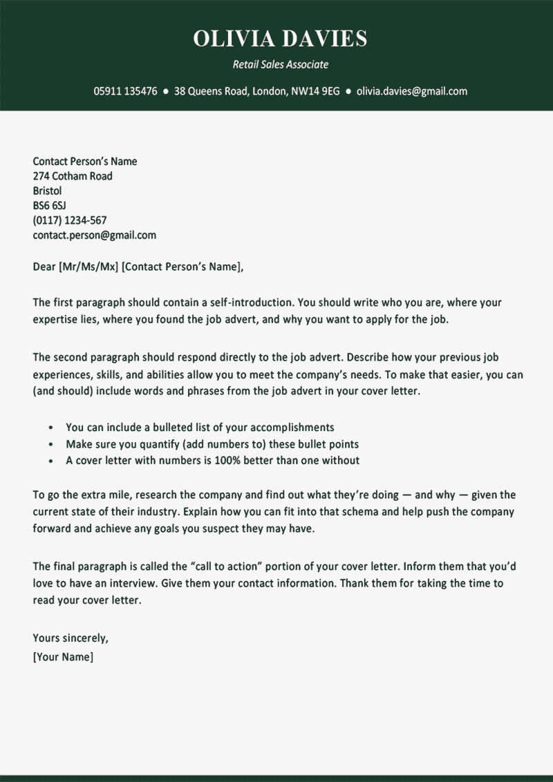 Cover Letter Template for UK: Soho, Green