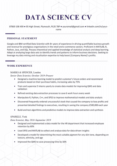The first page of a data science CV example with subtle geometric designs in the header and footer and sections for the applicant's contact information, personal statement, and work experience