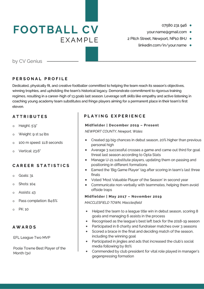 The first page of a football CV example with a green header and sections for the applicant's personal profile, attributes, career statistics, awards, and playing experience