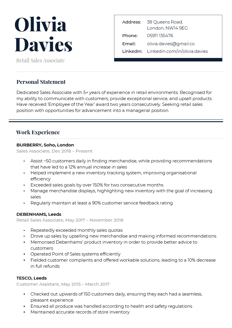 The Refined CV Template in dark blue