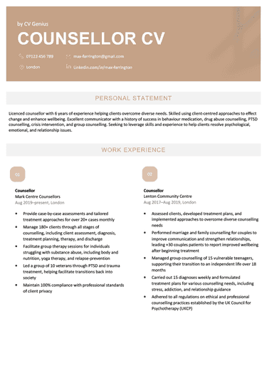 The first page of a gold-themed counsellor CV with the applicant's contact information, personal statement, and work experience