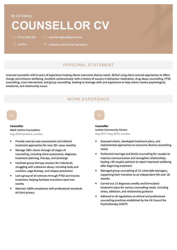 The first page of a gold-themed counsellor CV with the applicant's contact information, personal statement, and work experience