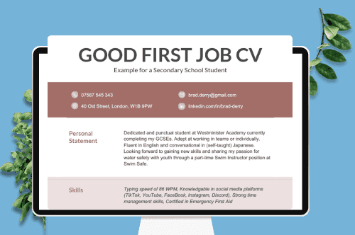 A computer screen with green plants around it while displaying a good CV example for a first job at the centre of the computer screen