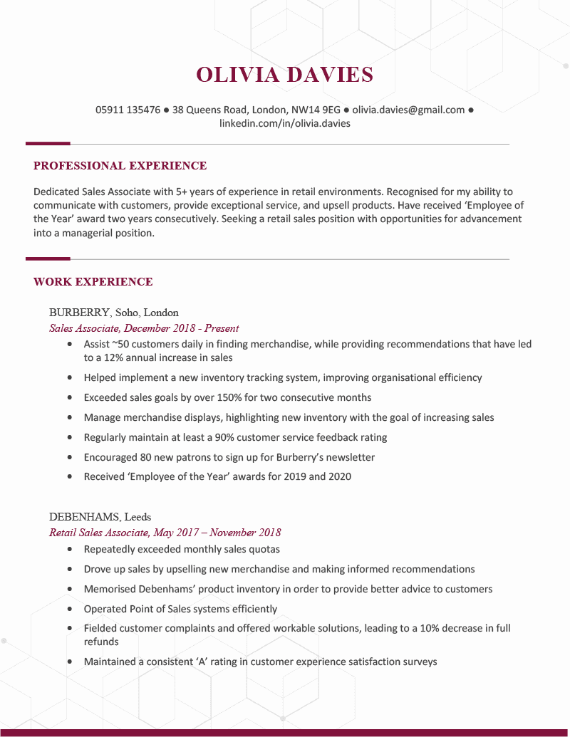 The Chelsea CV Template in burgundy