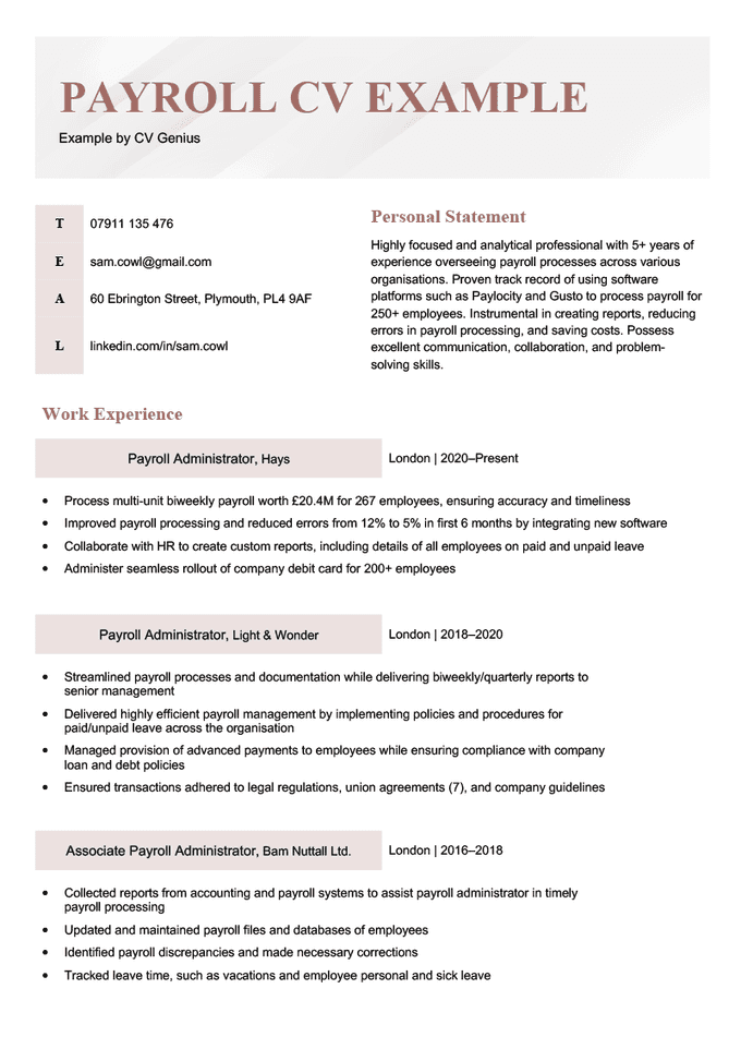 A payroll CV example with red highlights.